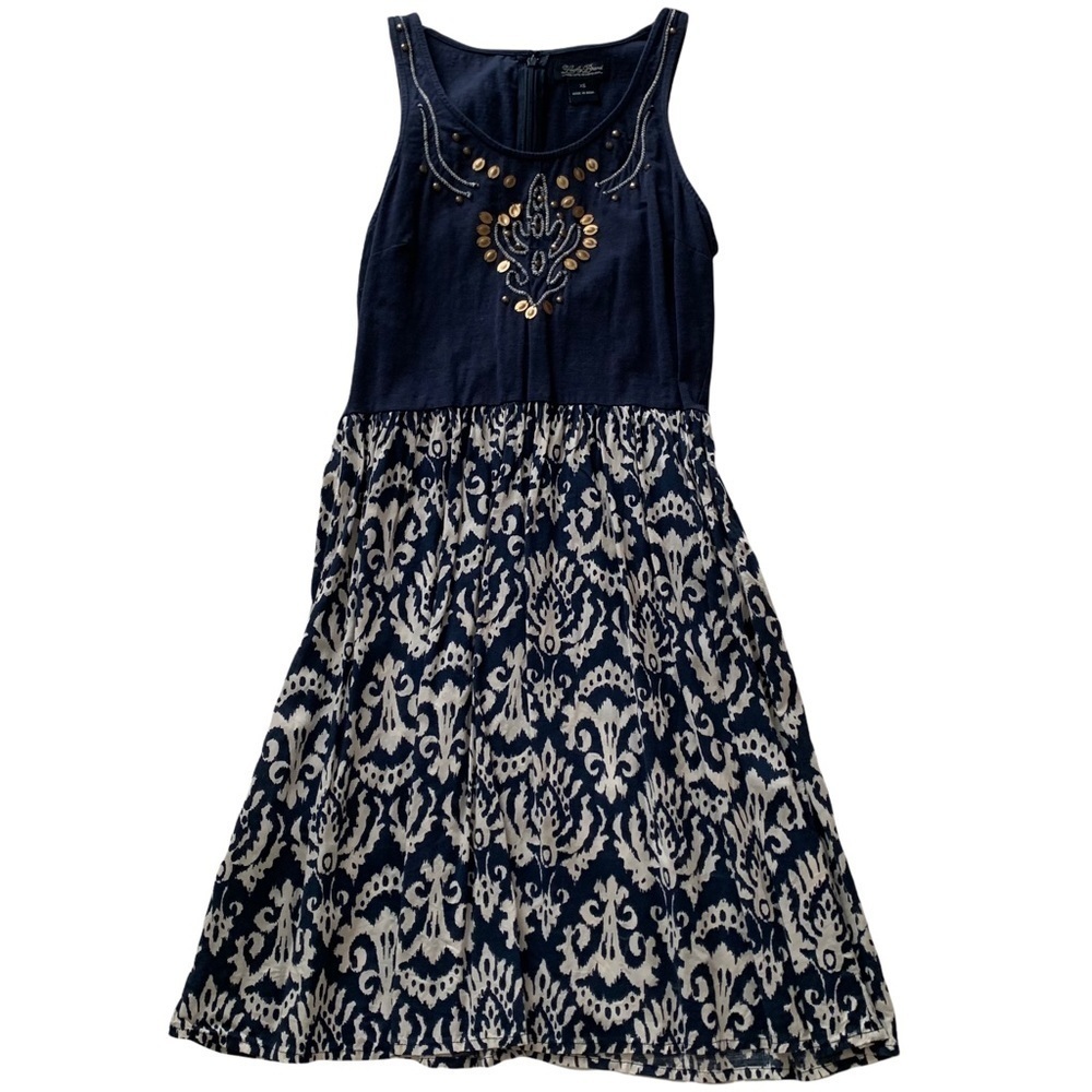 Lucky Brand navy white patterned a line scoop neck mini dress copper embellished
